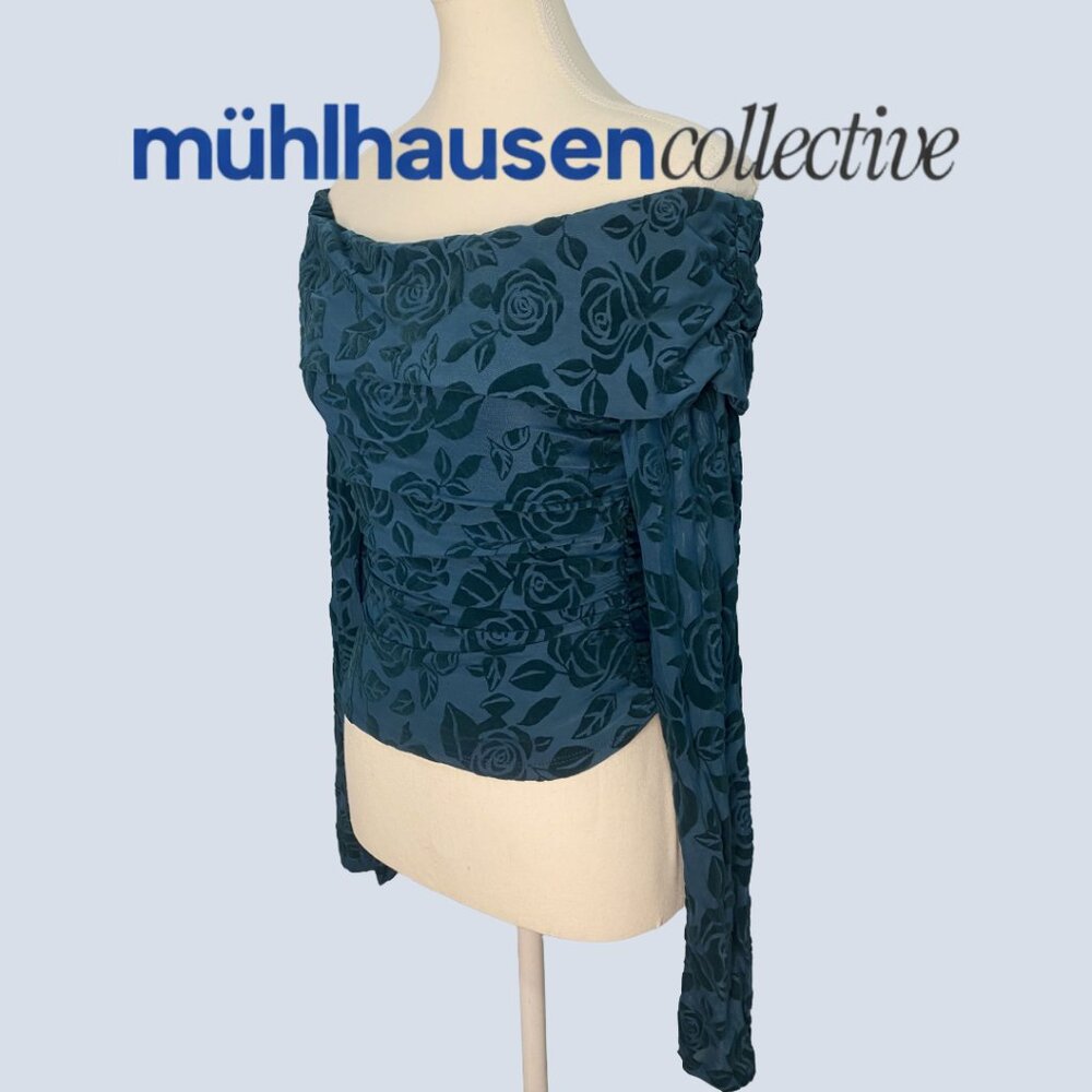 NWT Wild Fable Velvet Mesh Teal Floral Off-Shoulder Top - Picture 5 of 5